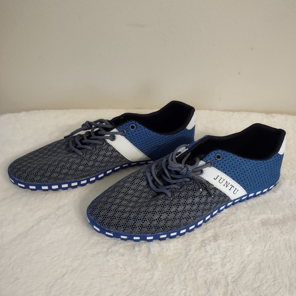 Juntu Men's Size 10.5 Loafers Blue Gray Driving Mesh Breathable Lace Up - Picture 2 of 10
